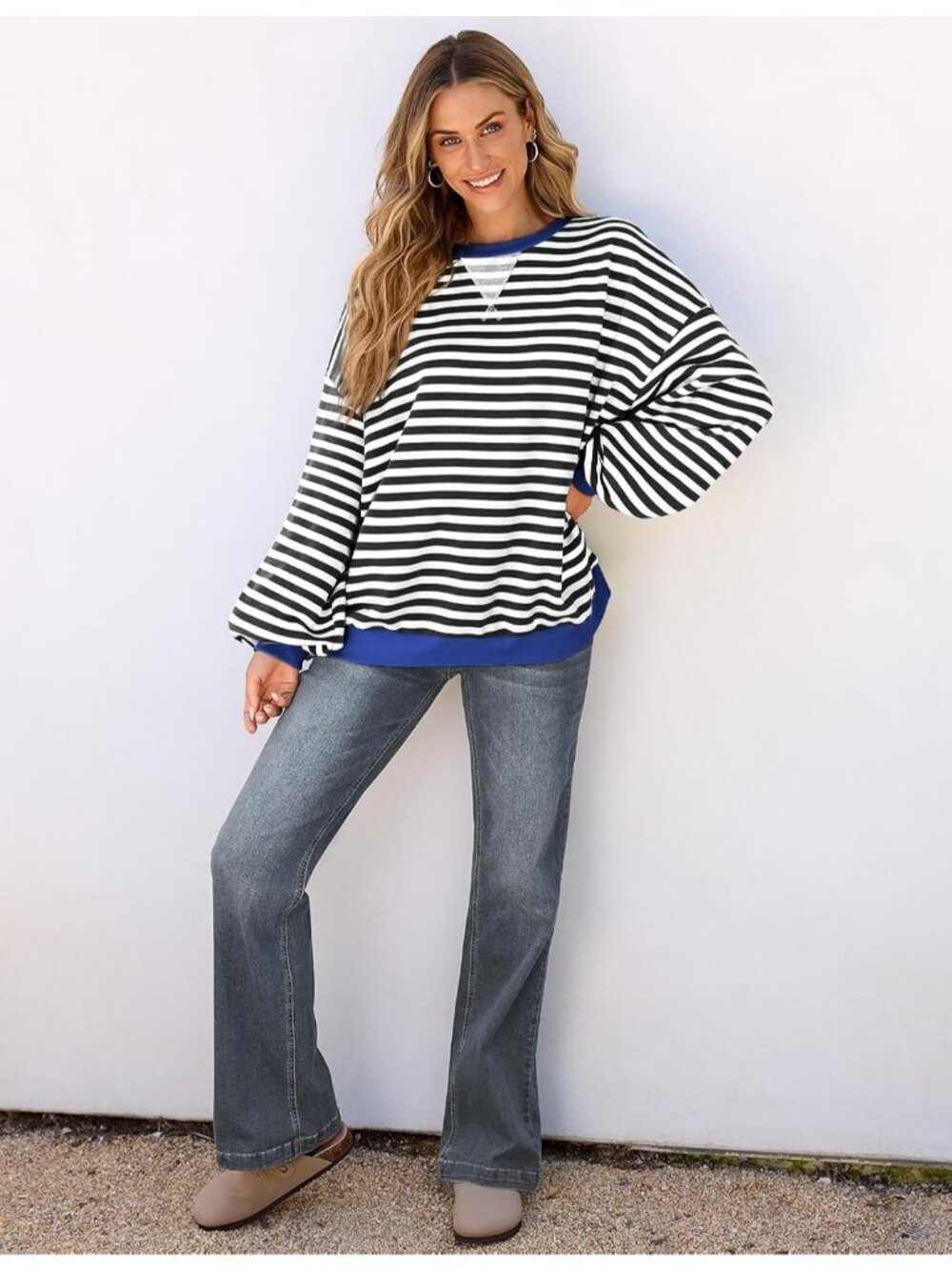 Women's Black Stripe Long Sleeve Pullover Oversized Crewneck Casual Sweaters - Picture 3 of 5